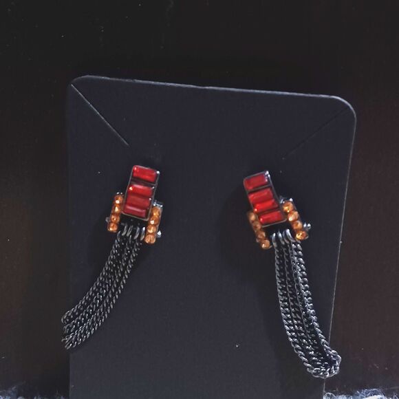 Black Tassel Earrings with Red Crystals - Picture 1 of 2